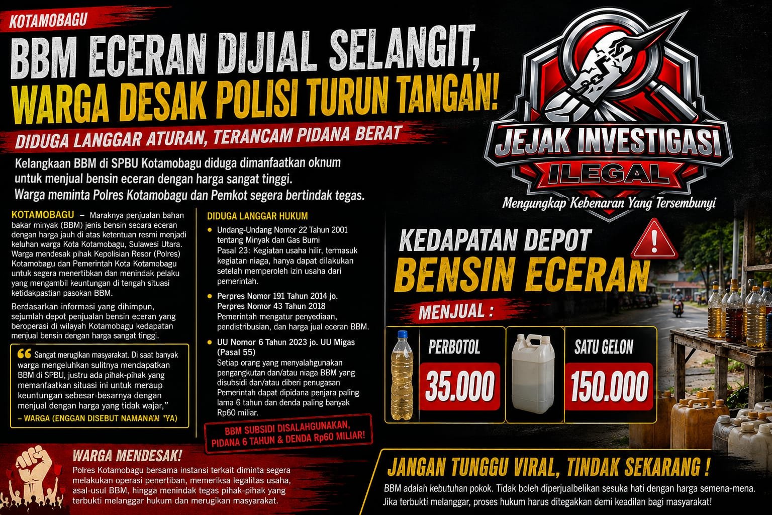 BBM Eceran Dijual Selangit di Kotamobagu, Warga Desak Polisi Turun Tangan