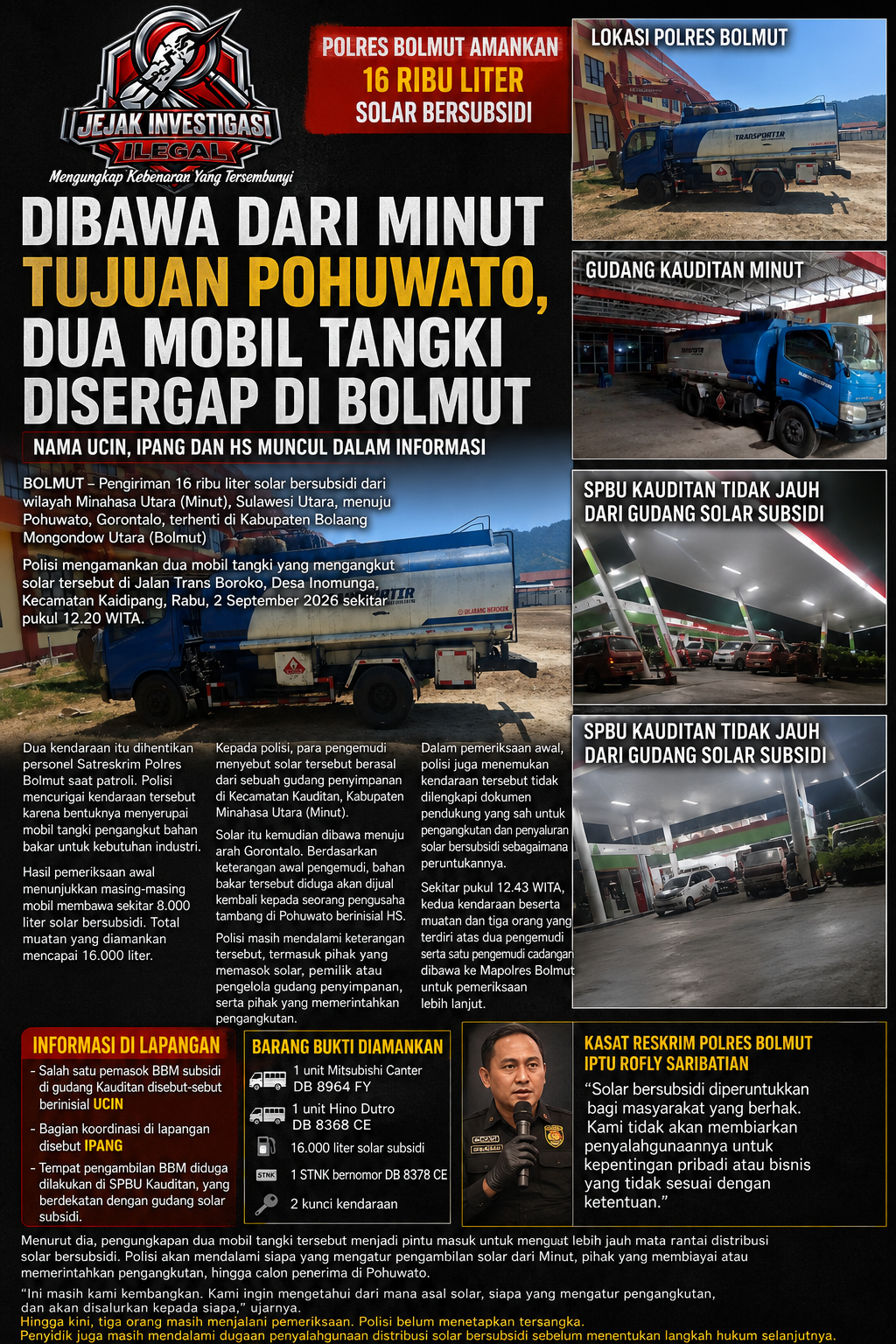 16 Ribu Liter Solar Subsidi Dibawa Lintas Daerah, Dua Mobil Tangki Disergap di Bolmut